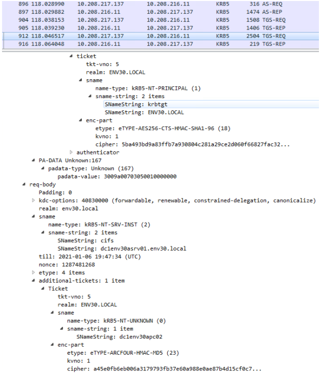 図4: パケットキャプチャを確認。転送可能フラグと制約付き委任フラグをチェックする